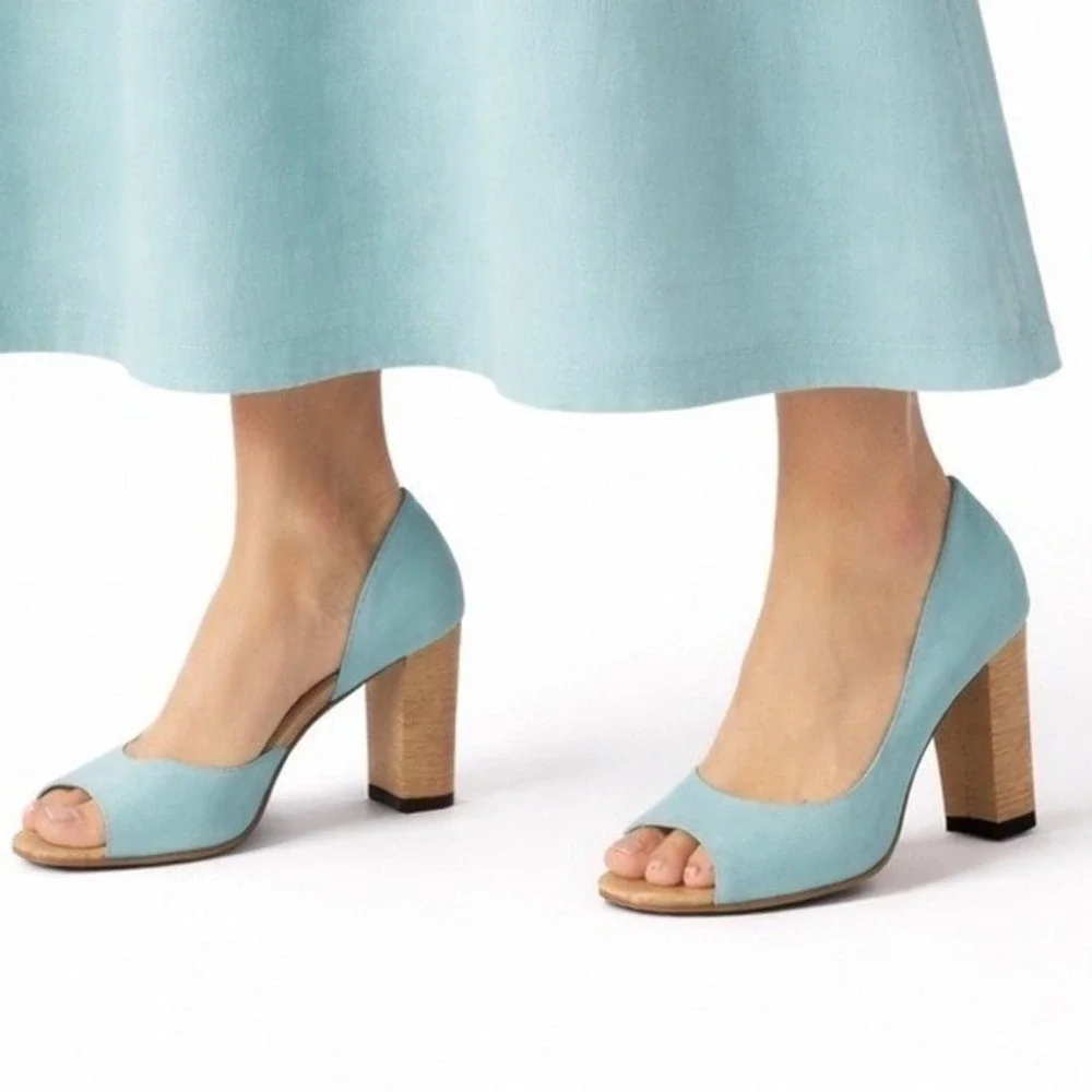 Masiero Aqua Blue Nubuck Leather Peep Toe D'Orsay Block Heels 11‎ Wedding 81-02